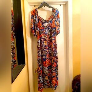 Floral print high waist dress with split.